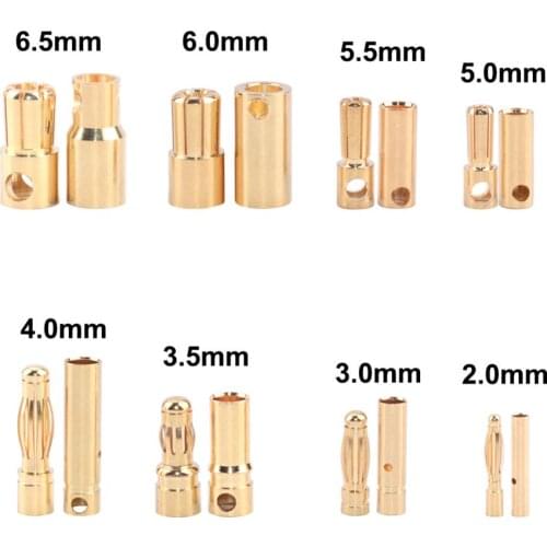 50 pairs Bullet Connector Plug 2.0/3.0/3.5/4.0/5.5/6.0/6.5mm Battery Connector Green Gold Plated Stereo Plug Banana Head