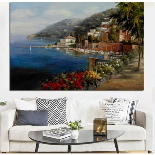 Print Abstract Resort Mediterranean Seascape Garden Landscape Oil Painting on Canvas Modern Poster Wall Picture for Living Room