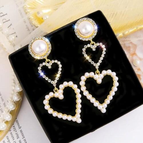 AINAMEISI 2021 New Korean Heart Shaped Womens Earrings Crystal Fashion Luxury Gold Double Hollow Heart Shaped Earrings Valentin