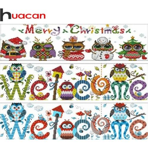 Huacan Diamond Embroidery Christmas Owl Diamond Painting Full Square/Round Welcome Home Sweet Picture Of Rhinestones