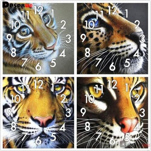Full Diamond Painting Cross Stitch kit Animal Tiger With Clock Mechanism Mosaic 5D Diy Square Round 3d Embroidery Gift HJ214