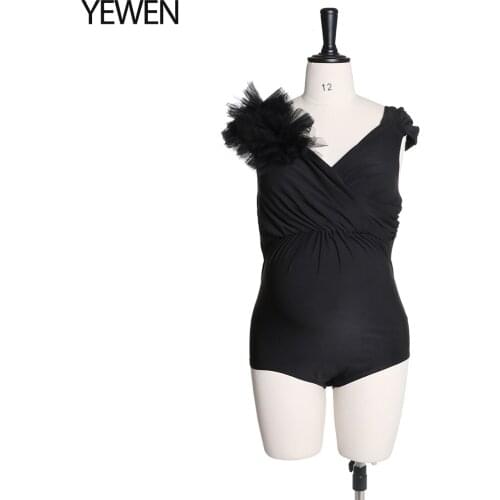 Black Custom colors V Neck Shoulder Flowers Strech Fabric Maternity Dress Bodysuit