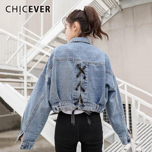 CHICEVER Casual Denim Jacket For Women Lapel Long Sleeve Lace Up Bowknot Korean Short Jackets Female 2021 Spring Fashion Clothes