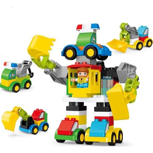 49Pcs DIY Excavator Crane Transform Robot Car Building Blocks Compatible Duploe City Construction Vehicles Toys For Children