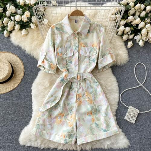 Overalls for Women Summer 2021 New Streetwear Pocket Floral Printted Wide Leg Shorts Women Jumpsuits Rompers Belt Ropa Mujer