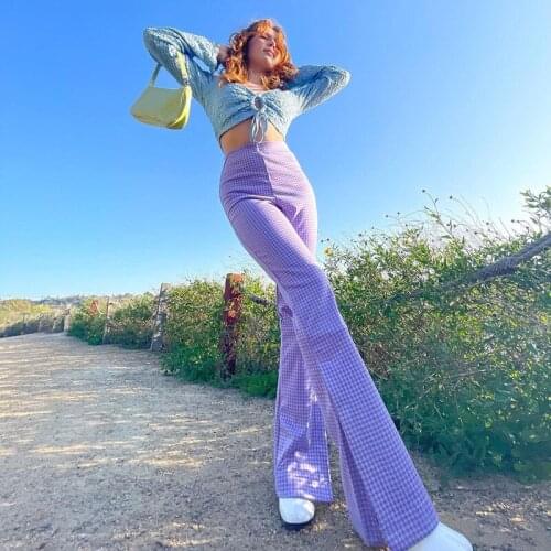 Fashion Loose Pants Streetwear High Waist Plaid Printed Pants 2021 New Y2k High Street Purple Women Pants Casual Boot Cut Pants