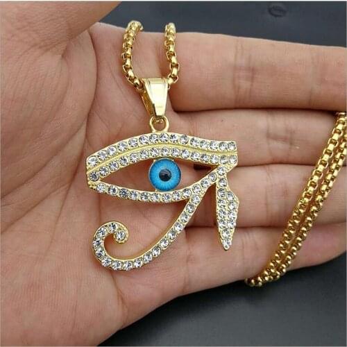 Men vintage Egypt The Eye of Horus pendant necklaces fashion Stainless Steel with Rhinestone hip hop necklace male jewelry gifts