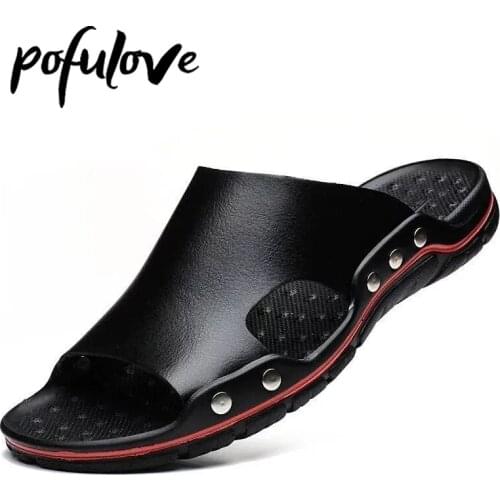 Pofulove Mens Slippers PU Leather Fashion Design Man Summer Casual Shoes Non Slip Sliders Black Sandals Beach Outdoor Slipper