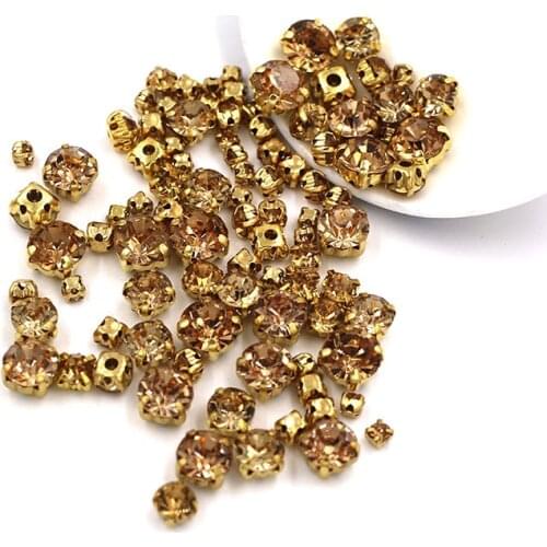 New 100pcs/bag Mixed size glass strass Clothing loose beads gold base sewing Crystal yellow rhinestones diy Wedding dress