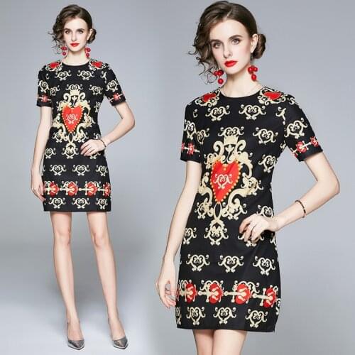 Summer Womens New Slim-Fit round-Neck Short-Sleeve Temperament Heart Printed Short Dress