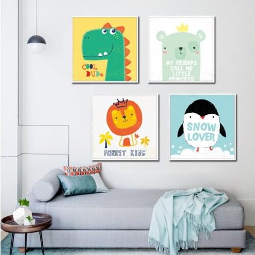 Adorable Dinasaur Whale Panda Lion Cute Cartoon Animal Childrens Room Decorative Painting Boys and Girls Paintings Canvas