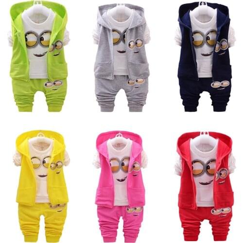 Leisure Baby Boy Clothing girl Suit Spring Autumn Cartoon Hooded Vest+Length Seleeve Top+Pants 3-piece suit Fashion 1-3Years Old