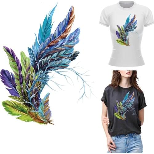 Iron On T-Shirt Hoodies Decals Beautiful Feather Iron On Transfers Patches For Clothing Thermo Sitckers On Clothes DIY Patch