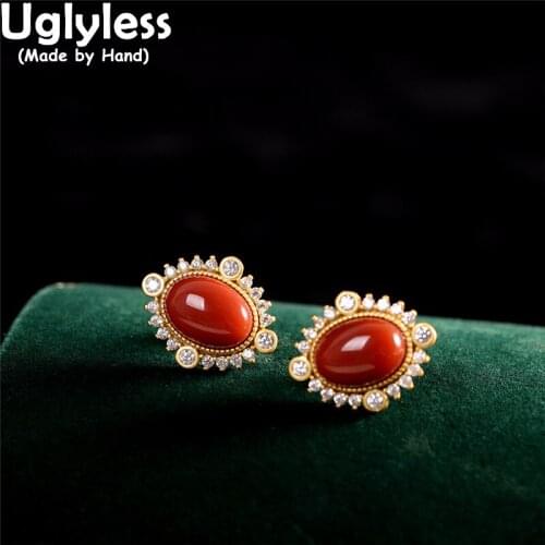 Uglyless Sparkly Crystals Studs Earrings for Women Natural Agate Gemstones Brincos 925 Silver Fashion Jewelry Gold Vogue Bijoux