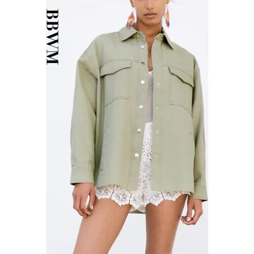 Za 2021 Buttoned Overshirt Women Long Sleeve Front Pockets Vintage Casual Shirts Chic Plus Size Summer Top Feminine Loose Shirts
