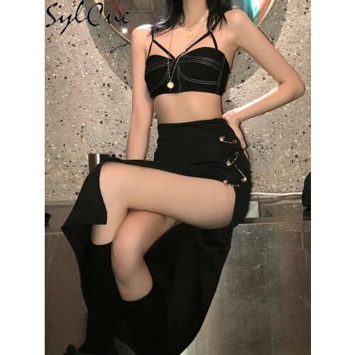 Sylcue Summer new Web celebrity Style High Street Style Pin Decorative Slim Half skirt High Waist Sexy Split Hip Skirt for Women
