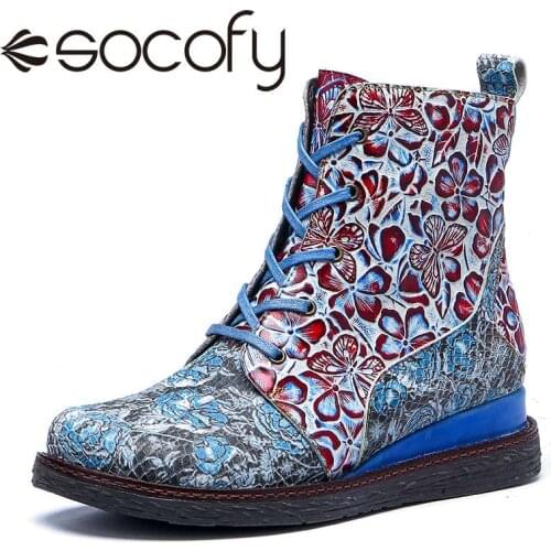 SOCOFY Women Retro Style Boots Leather Handmade Square Heel Ankle Boots Flowers Splicing Casual Outdoor Shoes botas de mujer
