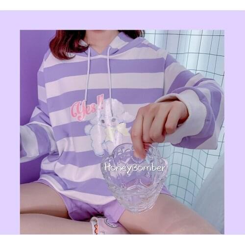 Cute Sheep Womens Striped Hoodies Pullovers Loose Hooded Tops Long Sleeve Cute Student BF Style Color Purple