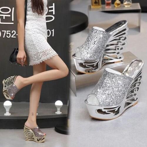 2019 New High Heels 15CM Slippers Sequins Women Slippers Sandals Wedge Hollow Casual Female Women Sandals Ladies Wedding Shoes
