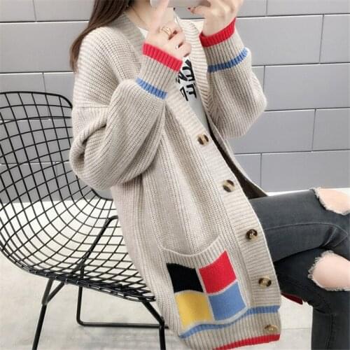 Womens Knitted Cardigan Sweater Loose Outerwear Thick Jacket New Spring Autumn V-Neck Pocket Windbreaker Female Clothes