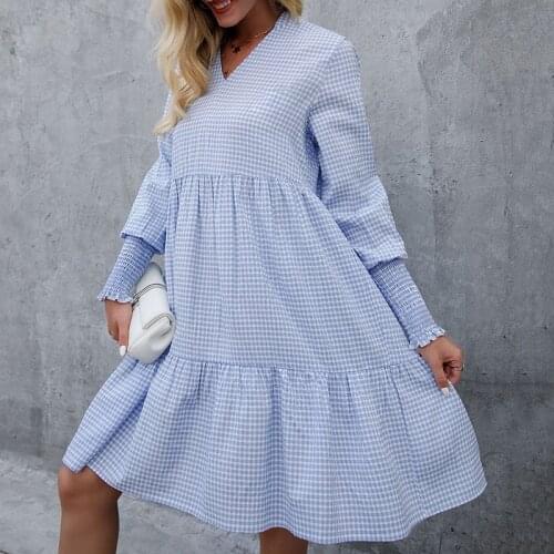 Dress Women Lattice Long Sleeve V Neck Casual Oversized Dress Streetwear Fashion Retro Sweet Woman Plus Size Dresses Loose Robe