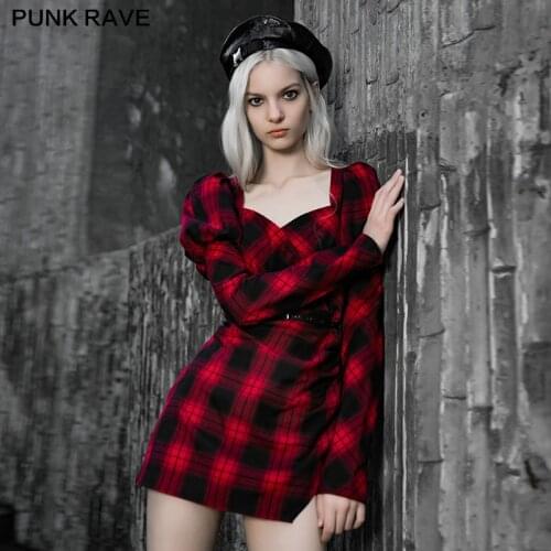 PUNK RAVE Womens Punk Red-black Plaid Princess Sleeves Dress Daily Casual Slim Sweet Mini Dress Detachable Metal Corn-eye Belt