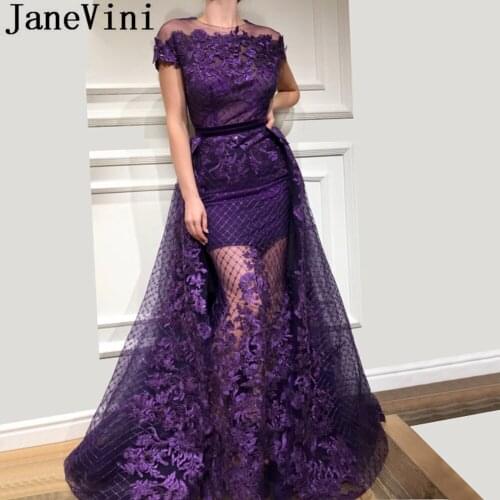 JaneVini Saudi Arabia 2019 Purple Lace Evening Dresses Mermaid Long Gown Party Dress Arabic Sexy Sheer Formal Red Carpet Dress