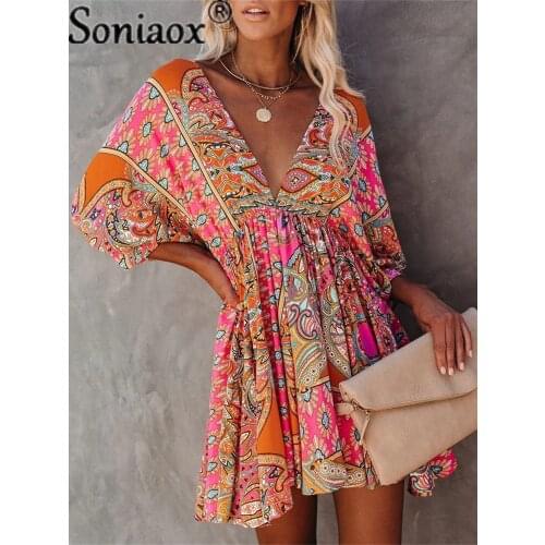 Women Vintage Print Deep V Neck Sexy Mini Dress Casual Loose 3/4 Sleeve Beach Dress 2021 Summer Boho Vacation Party Dress Femme