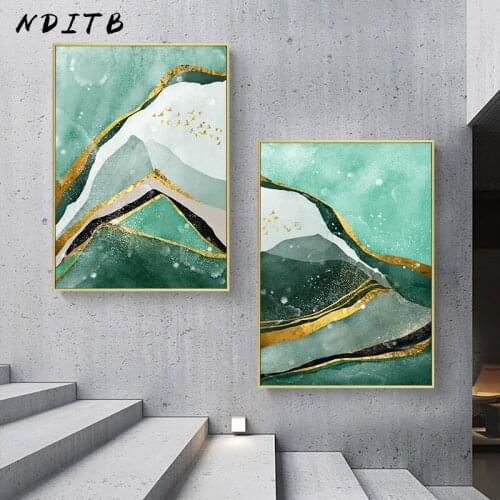 Golden Green Abstract Canvas Print Ink Artwork Painting Nordic Style Poster Minimalist Wall Picture for Living Room Home Decor