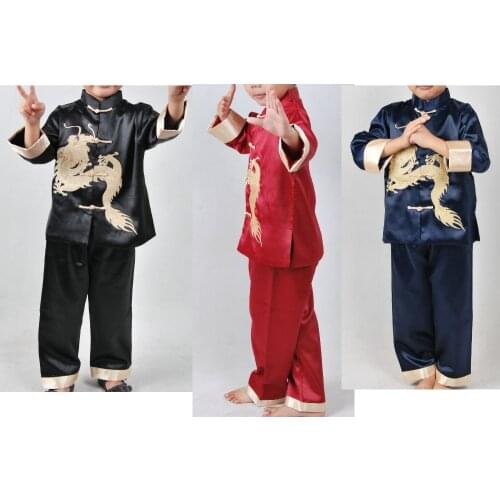 3colors children Chinese traditional dragonTang suitsmartial arts clothes kids kung futai chi uniforms blue/red/black boys&girls