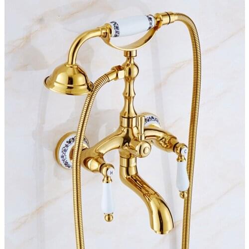 Free Shipping Luxury golden Style BathTub Faucet Ceramic Handle Handheld bath telephone Shower mixer Faucet Mixer Tap G018