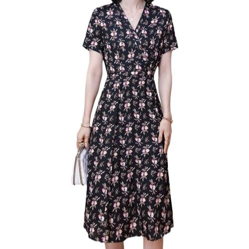 Black Silk Floral Dresses For Women 2021 Summer High End HangZhou Mulberry Silk V Neck Short Sleeve Female Dress With Sash