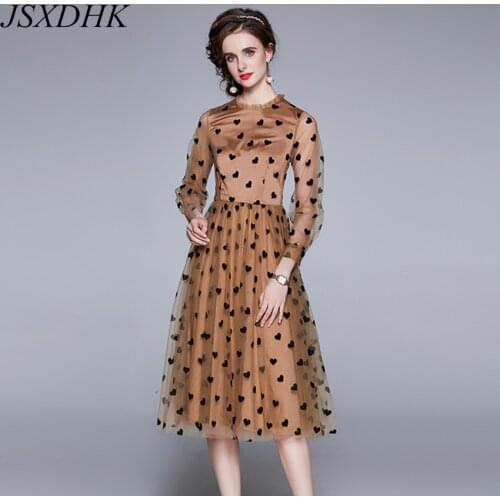 JSXDHK Elegant Ruffles Mesh Heart Pattern Printing Midi Dress Autumn Women Vintage Mesh Long Sleeve O Neck Khaki Party Dresses