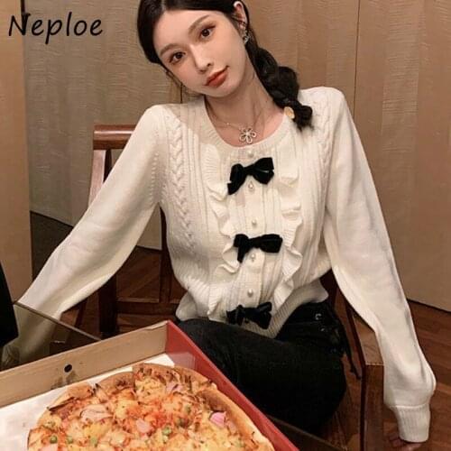 Neploe O Neck Long Sleeve Single Breast Sweater Cardigans Bow Design Thicked Warm Pull Femme Coat Pit Solid Sueter Feminino