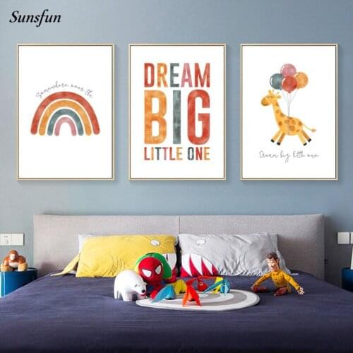 Baby A Big Dream Rainbow Elephant Poster and Print Cartoon Wall Art Canvas Painting Nordic Kid Boy Bedroom Decoration Picture