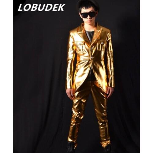 Fashion leather gold jacket pants male suit set dancer singer dress performance show nightclub Blazer Outdoors Slim wear show