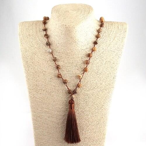 Fashion Beaded Tassel Bohemian Jewelry Long Knotted Tassel Necklace Natural Stone Halsband