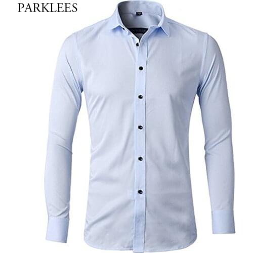 Mens Dress Shirt Slim Long Sleeve Elastic Bamboo Fiber Shirts 2018 Spring New Casual Button Down Shirts Camisa social masculina
