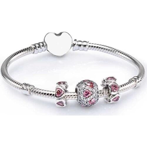 NEW 100% 925 Sterling Silver SALE - PINK HEART PAVE BALL CHARM BRACELET SET fit DIY Original charm Bracelets jewelry A Set