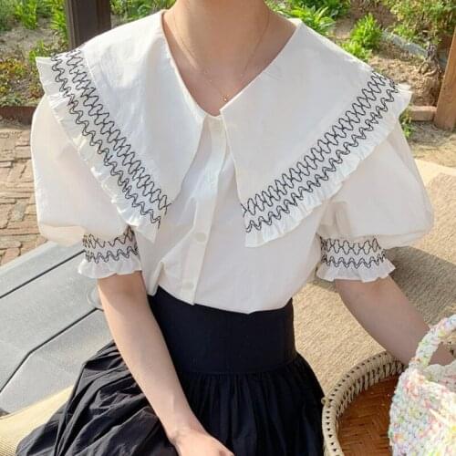 New Korean Chic Vintage Puff Sleeve Women Blouses Summer Doll Collar Single-breasted Woman Shirt White Ruffles Ladies Tops 15165