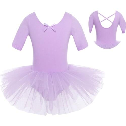Oyolan Cotton Ballet Dress Dance Dress Leotard Dance Tutu Dress for Girls Kids Children Ballerina Short Sleeves Tulle Dancewear