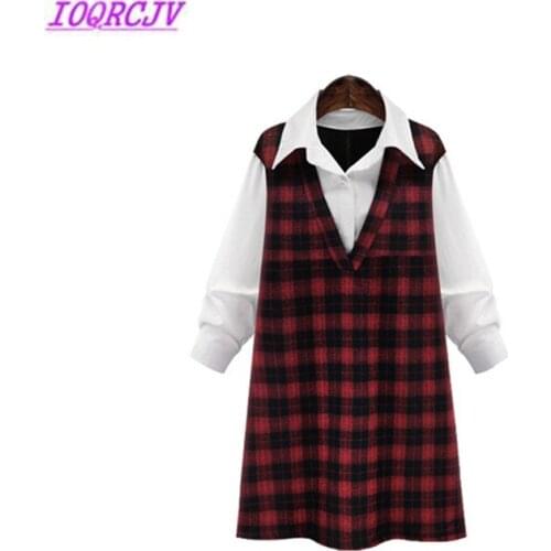 Plus size Dress Spring Lattice Stitching Long sleeve dress Large size Loose False Two pieces set Autumn Women dress IOQRCJ B110