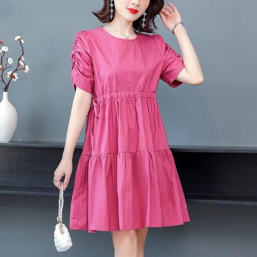 2021 New Women Summer Harajuku Short Sleeve Kawaii Sweet Girls Midi Dresses Holiday Chic A-line Popular Loose Solid Dress B216