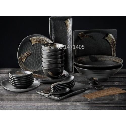 Japanese-style Tableware Multi-person Food Set Household Bowls and Dishes Gift Box Set Retro Ceramic Tableware Dish Plate