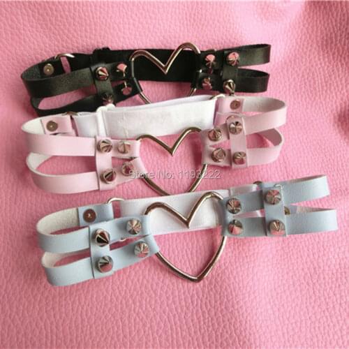 1 Pair Harajuku HANDCRAFTED Punk Rock Double Studded Leather Heart Garter Belt Leg Belts Loops