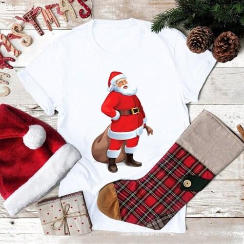 Merry Christmas Santa Claus Tshirt Women Cartoon Printed Tshirt Women Christmas Tops Tee T-Shirt Round Neck Short-sleeved