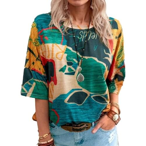 Map Print T-Shirt Women Short Sleeve V-Neck Summer Ladies Pullovers Tops Loose Casual Tshirts Street Tees Top Free Shipping