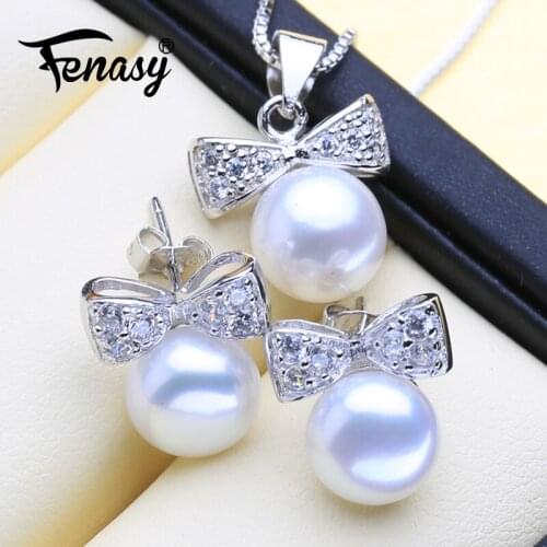 FENASY 925 Sterling Silver Pearl Jewelry Sets Natural Pearl Stud Earrings For Women Romantic Pendant Handcrafted Chain Necklace