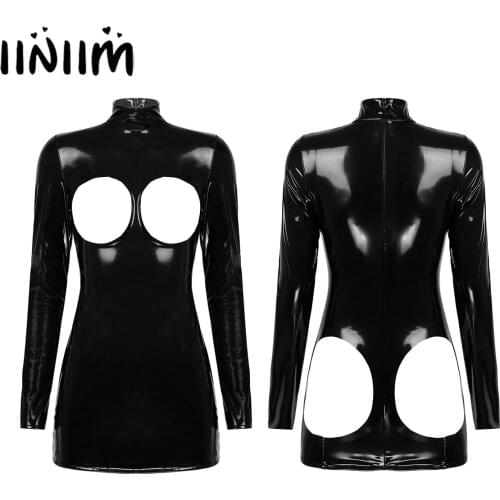 Womens Wetlook Bodycon Minidress Leather Bare Breast Open Butt Sissy Exotic Costume Zipper Mini Dress Sexy Rave Party Clubwear