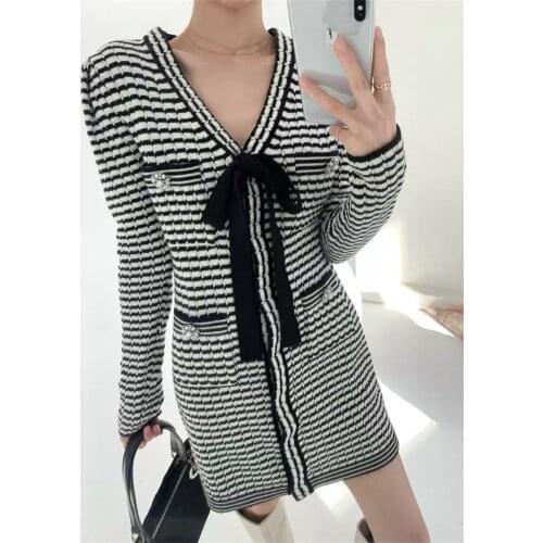 Women Dress Spring Autumn V-Neck Knitted Long Sleeve Mini Striped Bow Elegant High Street Chic Stunning Fashion Lady Office